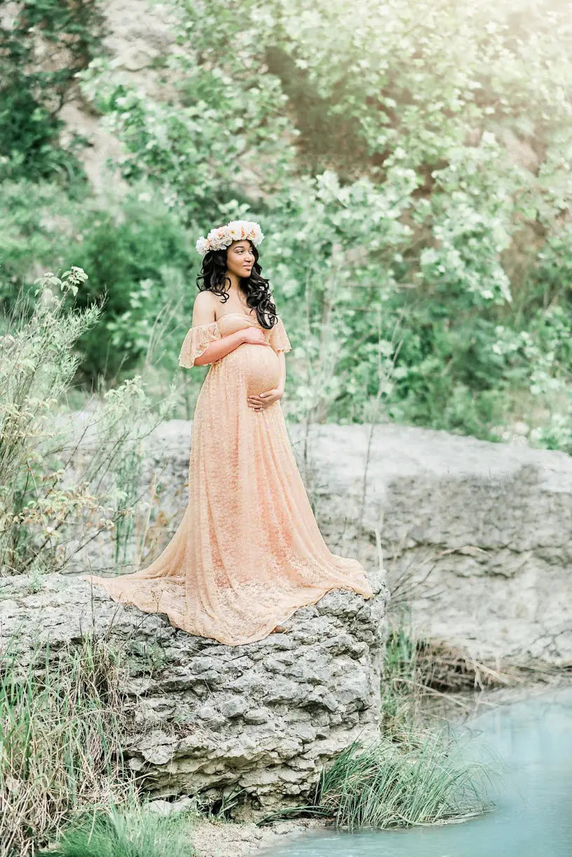 Lace Maternity Maxi Dress with Flutter Sleeves