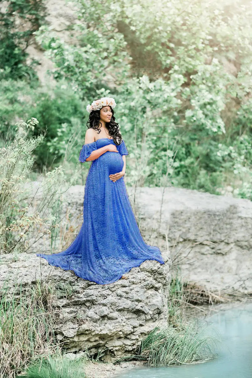 Lace Maternity Maxi Dress with Flutter Sleeves