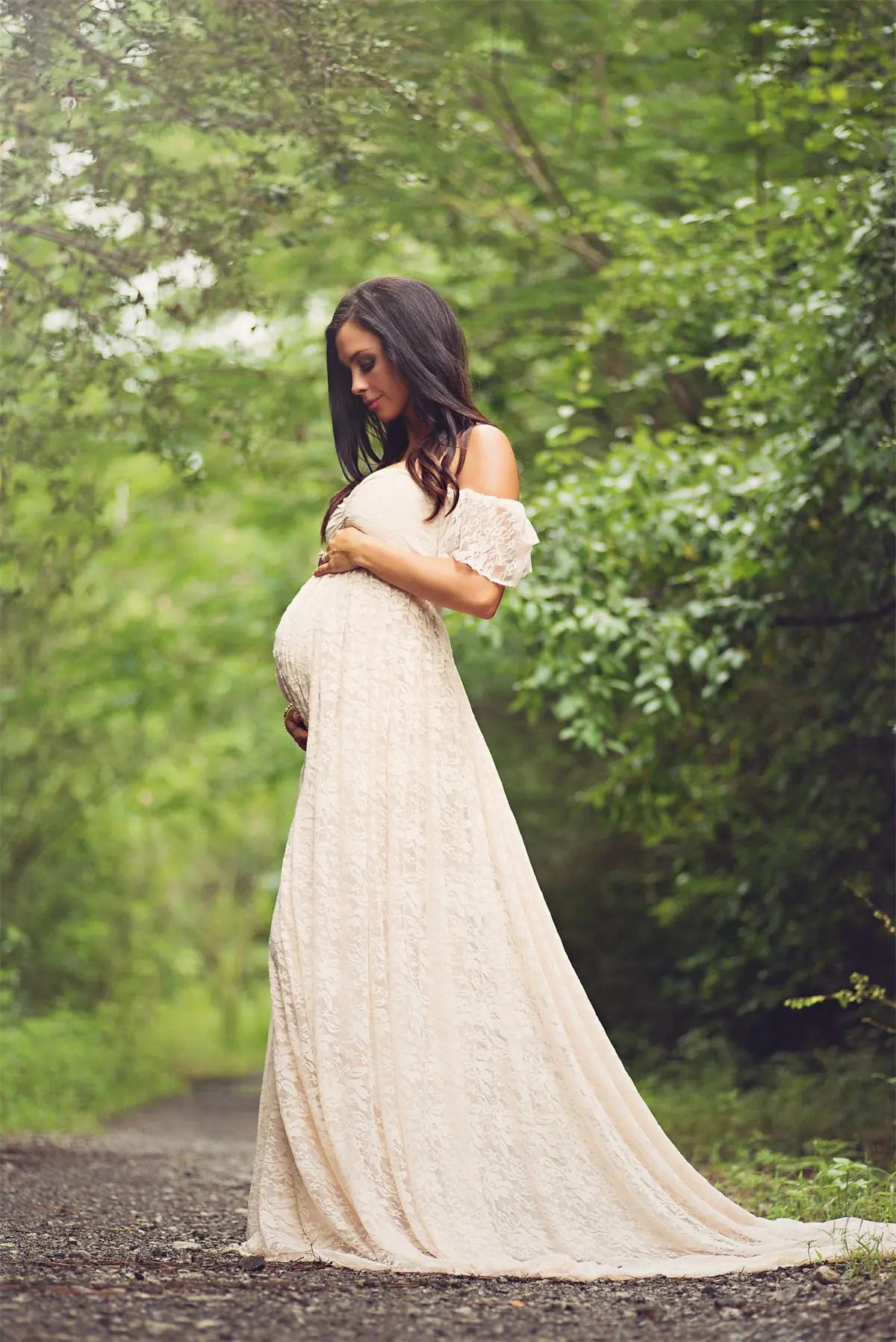 Lace Maternity Maxi Dress with Flutter Sleeves