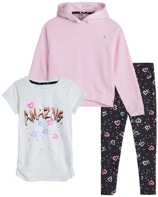 RBX Girls Legging Set - 3 Piece Fleece Pullover Hoodie Short Sleeve Graphic Tee Shirt and Leggings for Girls (Sizes:4-16) Size 7-8 Black/Pink