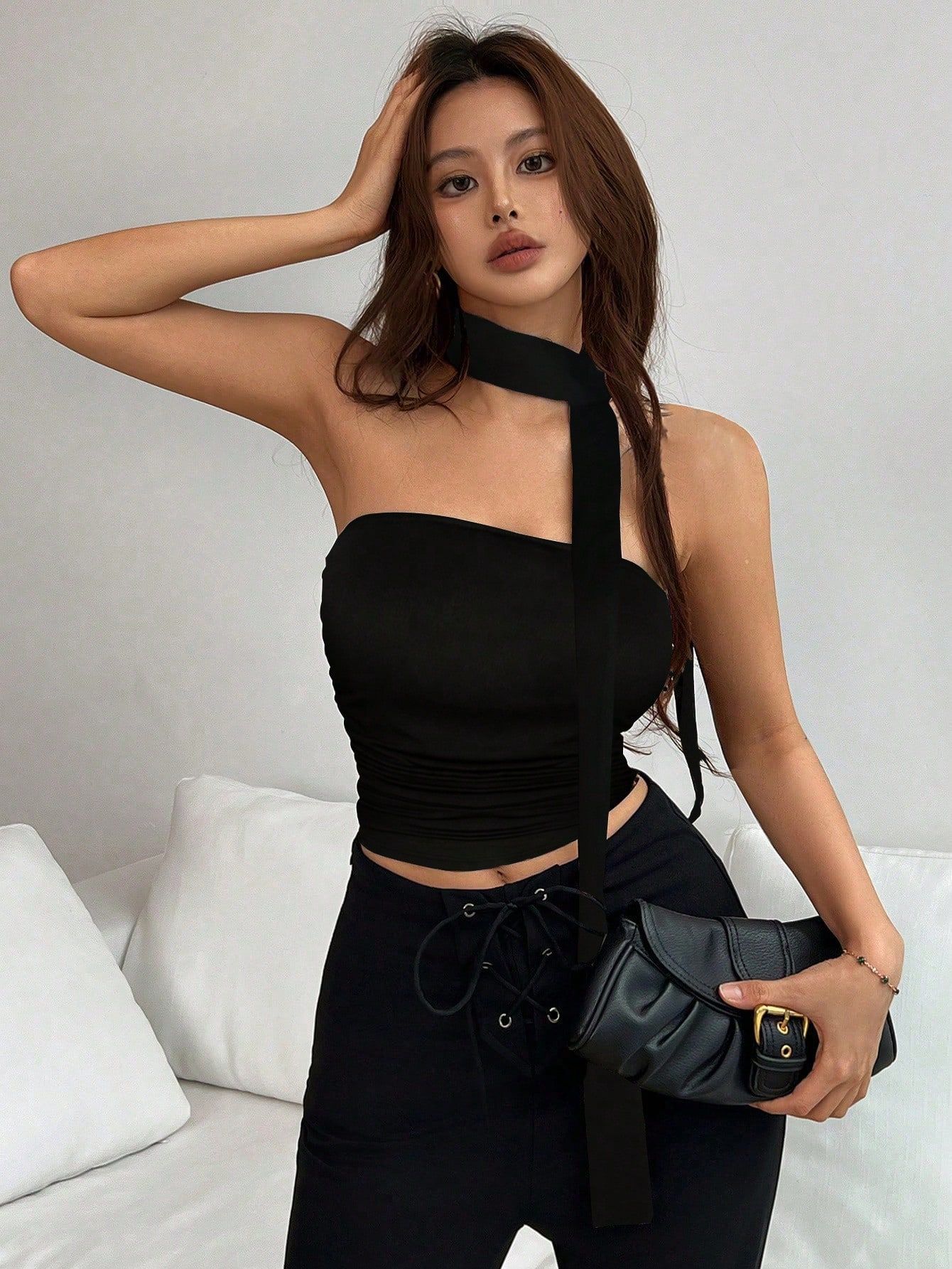Womens Solid-Color Casual All-Match Tube Top With Straps