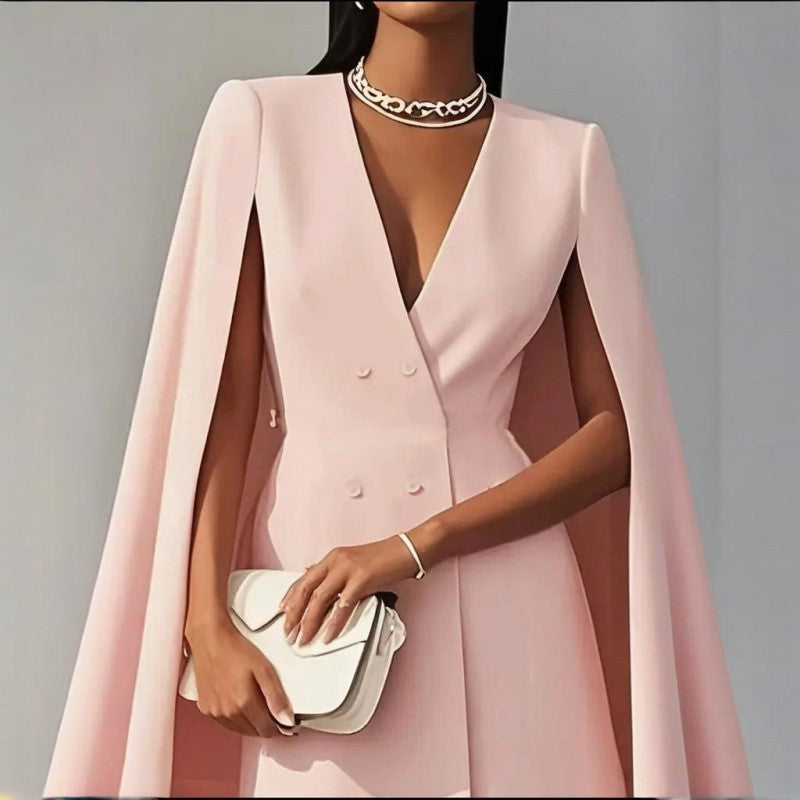 Women's Elegant Solid Color V Neck Double-Breasted Cape Blazer Dress Spring & Summer Party Outfit