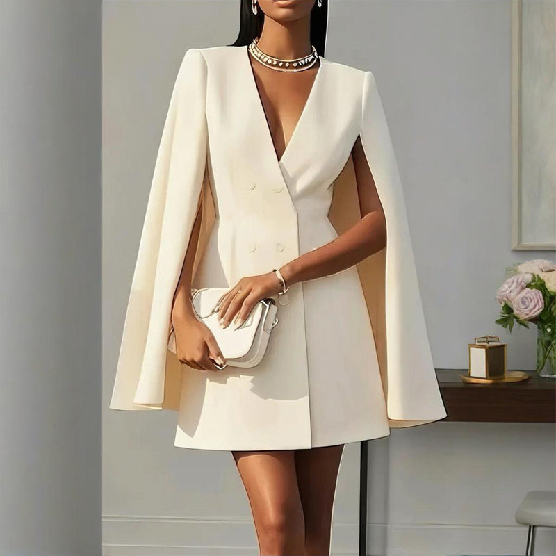 Women's Elegant Solid Color V Neck Double-Breasted Cape Blazer Dress Spring & Summer Party Outfit
