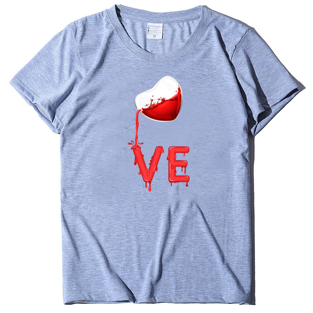 Couples Pullover Round Neck Love Red LOVE Stitching Men And Women Casual Short Sleeves