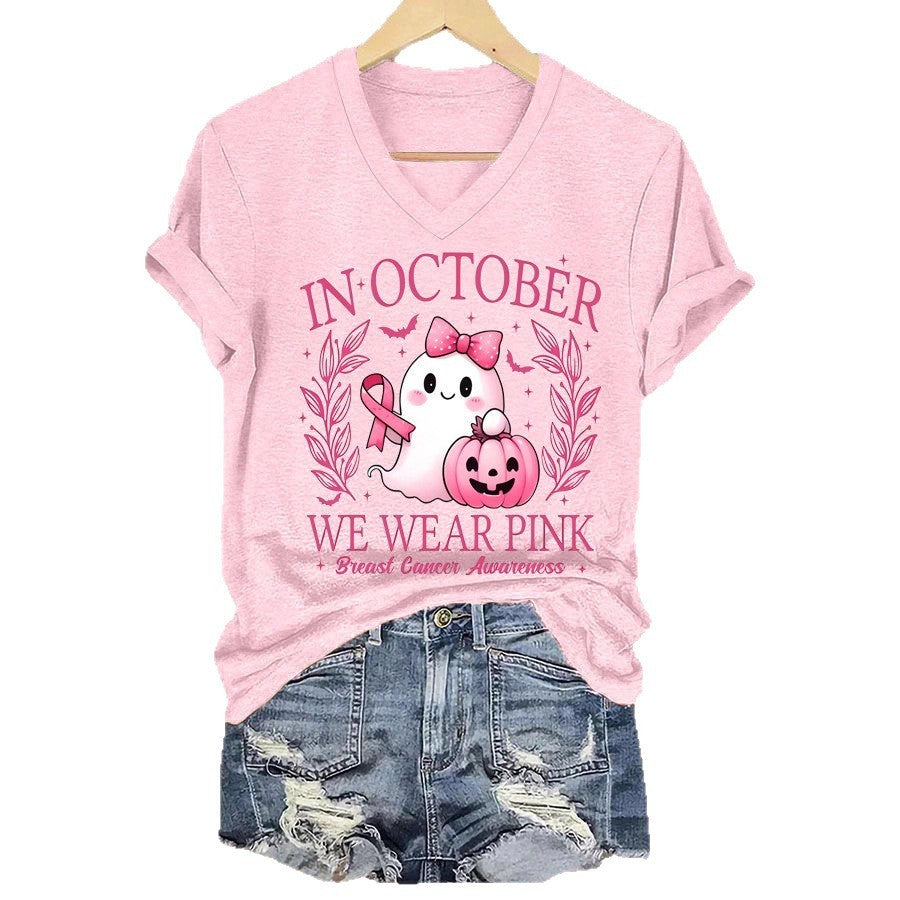 Women's Fashion Printed Casual Colored Cotton V-neck Short Sleeve
