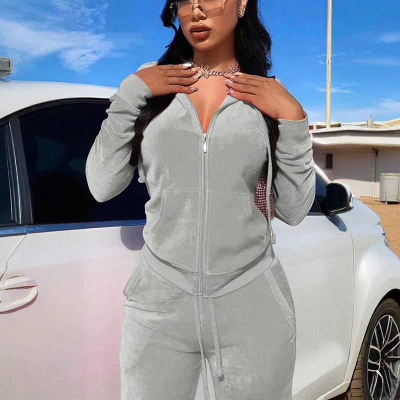 Women's Solid Color 2-Piece Set Zip Pocket Drawstring Hooded Crop Top & Slim Fit Pocket Pants - Ribbed Detail Casual Outfit