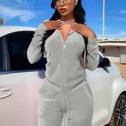 Women's Solid Color 2-Piece Set Zip Pocket Drawstring Hooded Crop Top & Slim Fit Pocket Pants - Ribbed Detail Casual Outfit