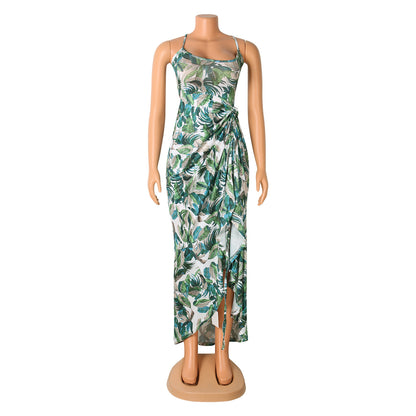 Sexy Sling Dress Irregular Printed Long Skirt