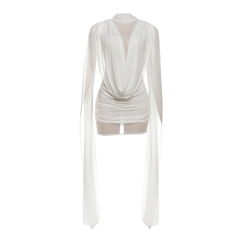 Womens Fashion Ribbon-Trimmed Patchwork Mesh Sheer Sexy Dress