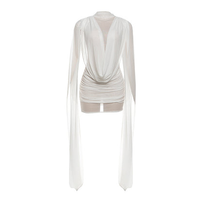 Womens Fashion Ribbon-Trimmed Patchwork Mesh Sheer Sexy Dress