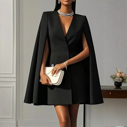 Women's Elegant Solid Color V Neck Double-Breasted Cape Blazer Dress Spring & Summer Party Outfit