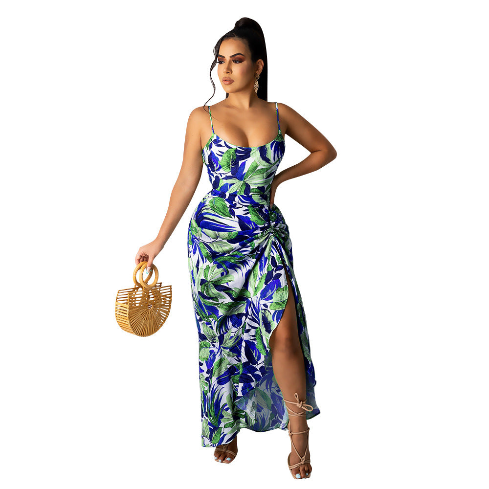 Sexy Sling Dress Irregular Printed Long Skirt