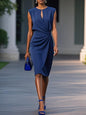 Women's Retro Elegant Cross Pure Color And Knotted Round Neck Hollow Dress