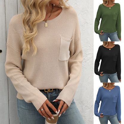 Women's Round Neck Pocket Decorative Top Long Sleeve Sweater