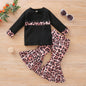 Girls Stitching Long-sleeved T-shirt Leopard Print Flared Pants Suit