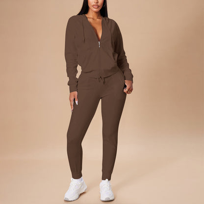 Women's Solid Color 2-Piece Set Zip Pocket Drawstring Hooded Crop Top & Slim Fit Pocket Pants - Ribbed Detail Casual Outfit