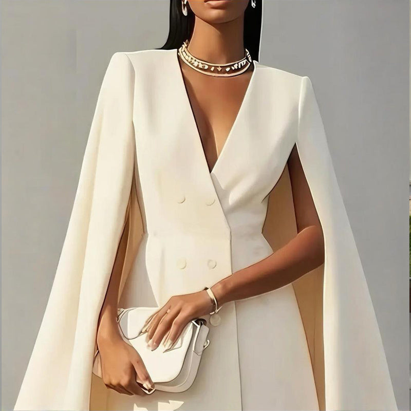 Women's Elegant Solid Color V Neck Double-Breasted Cape Blazer Dress Spring & Summer Party Outfit