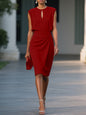 Women's Retro Elegant Cross Pure Color And Knotted Round Neck Hollow Dress