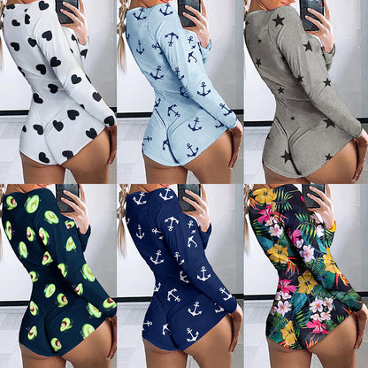 Printed Long-sleeved Pajamas Deep V Nightclub Tight Sexy Jumpsuit