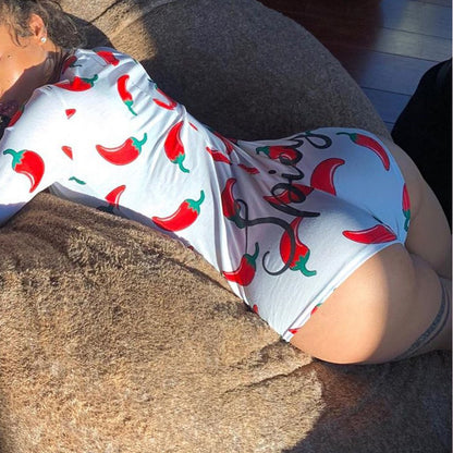 Printed Long-sleeved Pajamas Deep V Nightclub Tight Sexy Jumpsuit