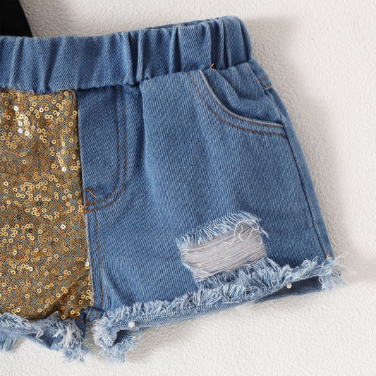 Girls Bow Short Sleeve Letter Jacket Phnom Penh Sequins Ripped Denim Shorts Suit