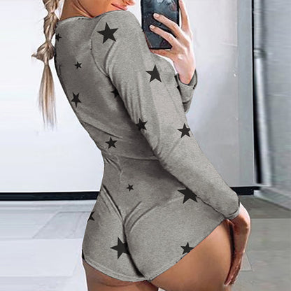 Printed Long-sleeved Pajamas Deep V Nightclub Tight Sexy Jumpsuit