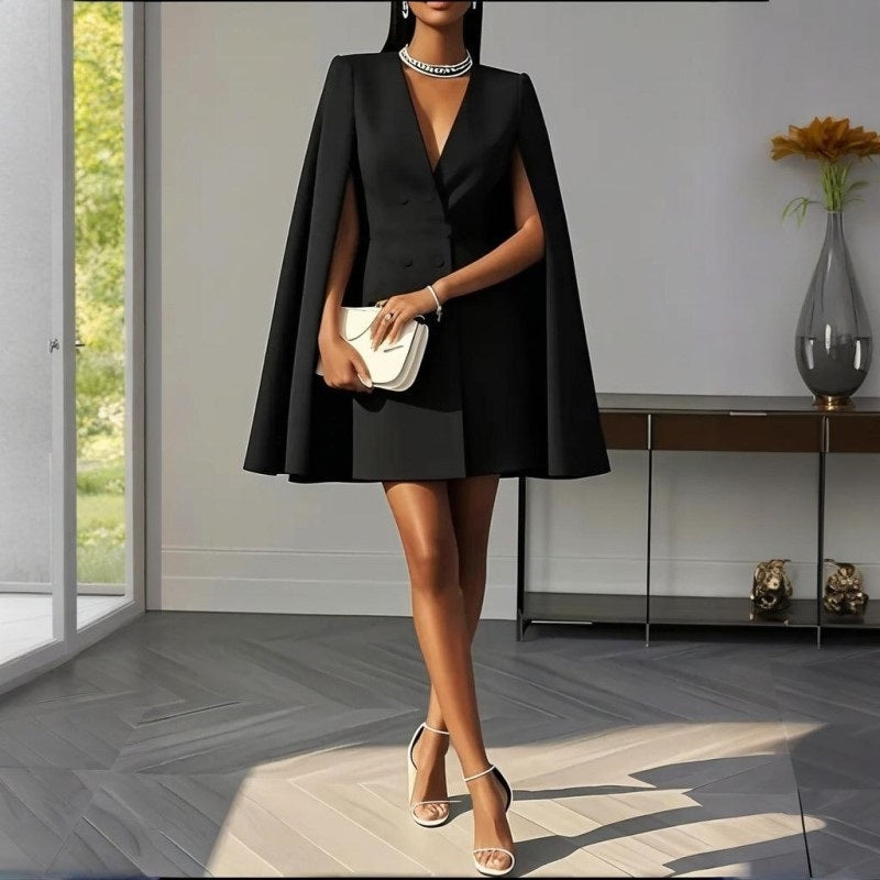 Women's Elegant Solid Color V Neck Double-Breasted Cape Blazer Dress Spring & Summer Party Outfit