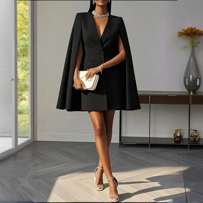 Women's Elegant Solid Color V Neck Double-Breasted Cape Blazer Dress Spring & Summer Party Outfit