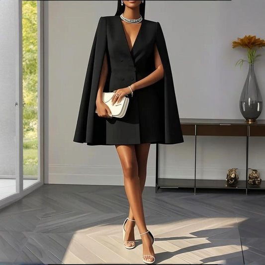 Women's Elegant Solid Color V Neck Double-Breasted Cape Blazer Dress Spring & Summer Party Outfit