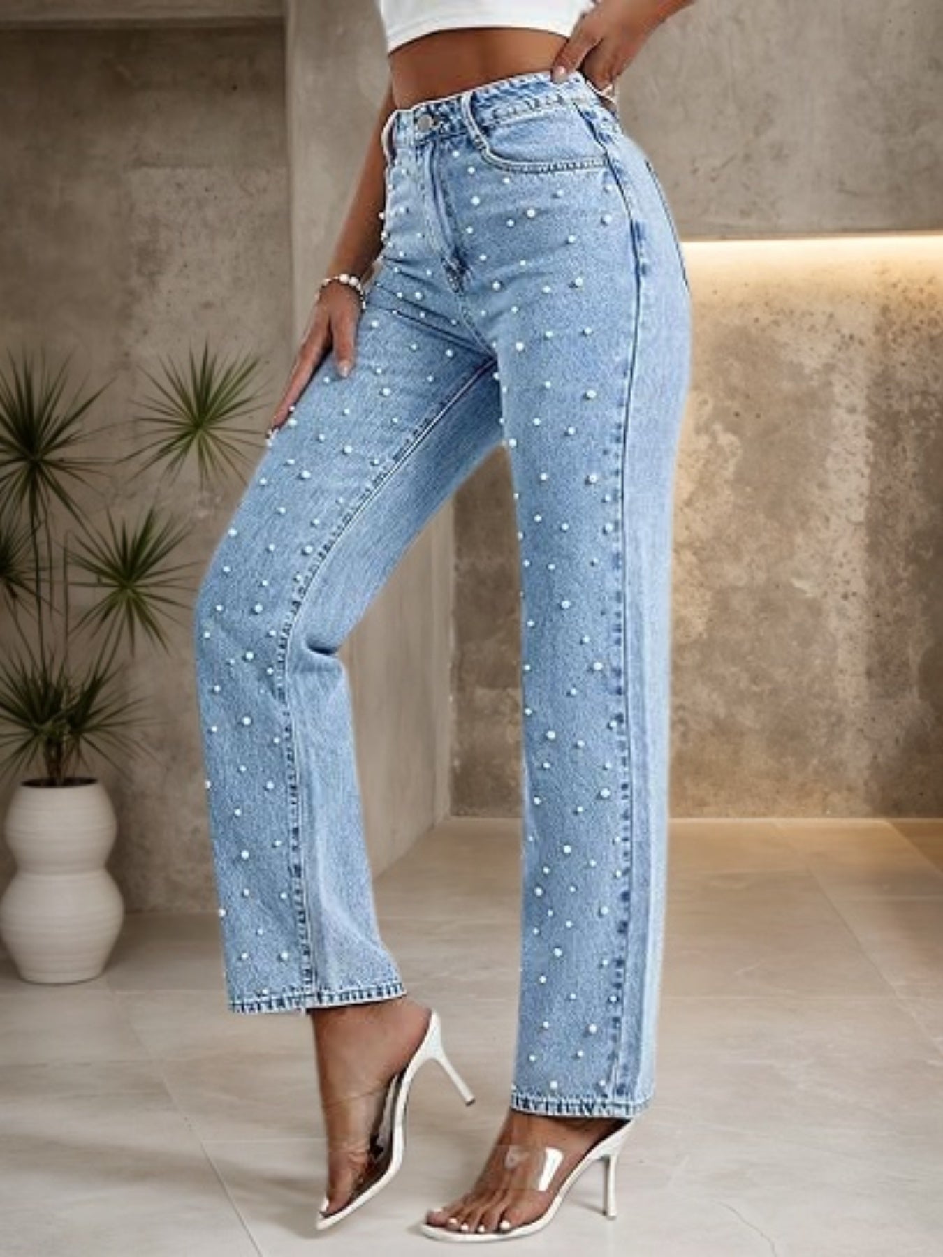 Women's Straight Leg Denim Pants, With Sturdy Nail Bead Decoration That Is Not Easy To Fall Off, Stylish And Elegant Style