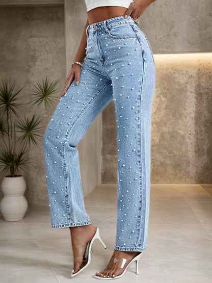Women's Straight Leg Denim Pants, With Sturdy Nail Bead Decoration That Is Not Easy To Fall Off, Stylish And Elegant Style