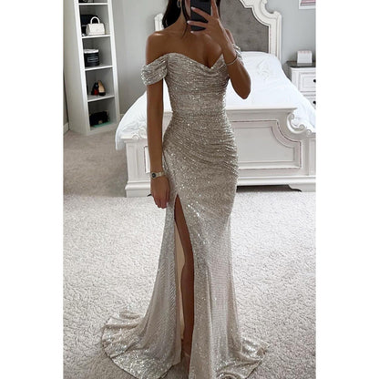 Party Sequins Off-neck Split Dress INS Casual Fashion Dress Women Charming Slimming Dress For Women