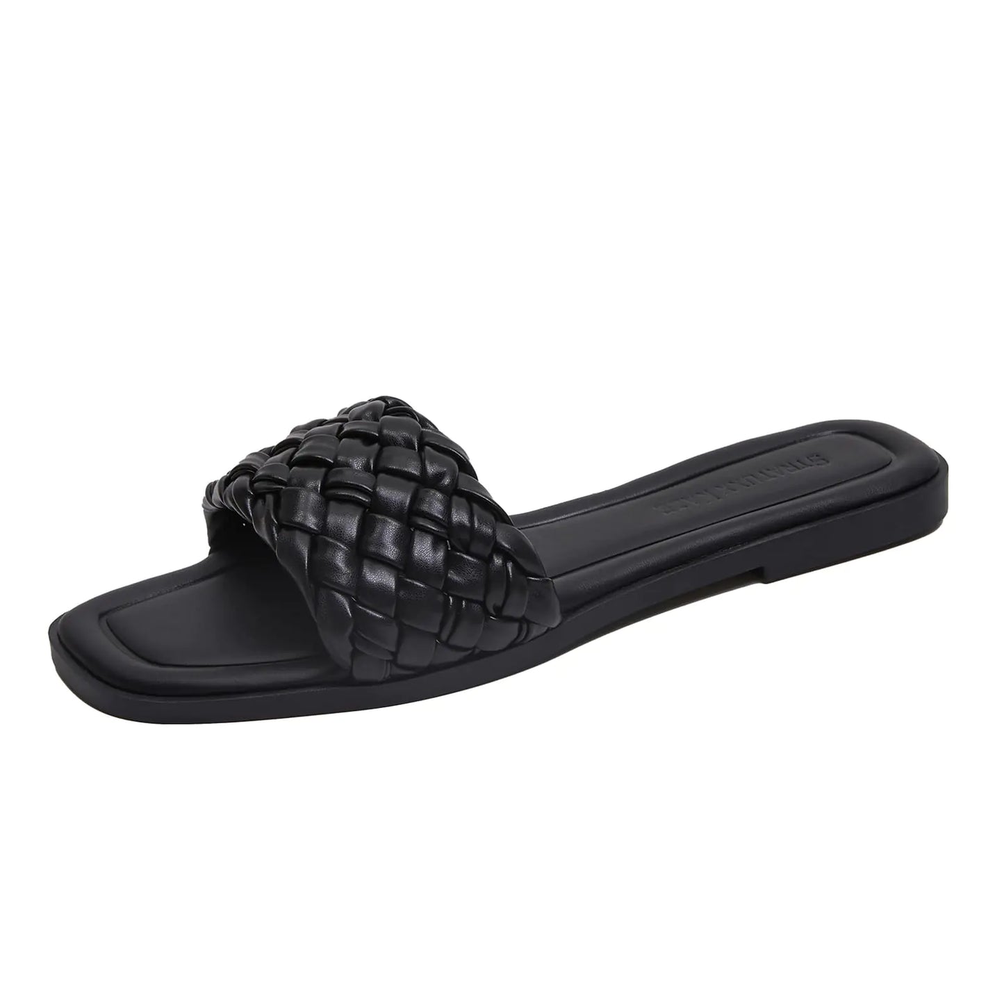 Stratuxx Kaze Womens Braided Strap Sandals Square Open Toe Slide Sandals Slip on Dressy Summer Beach Flats Black Size 7