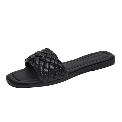 Stratuxx Kaze Womens Braided Strap Sandals Square Open Toe Slide Sandals Slip on Dressy Summer Beach Flats Black Size 7