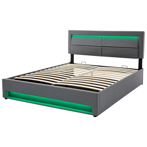 Upholstered Bed 150 X 200 Cm, King Size Bed-5ft,with USB Port Supports Wireless And Wired Charging, With LED Lighting And Storage Space, Without Mattress, PU Lychee Pattern, Grey