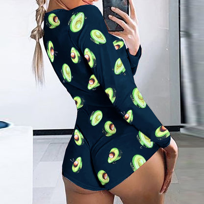 Printed Long-sleeved Pajamas Deep V Nightclub Tight Sexy Jumpsuit