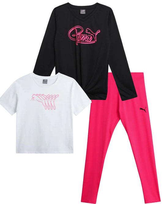 PUMA Girls Leggings Set - 3 Piece Active Pullover Long Sleeve Shirt Top and Legging Sets - Cute Girls Athletic Sets (S-L) Size Large Black/Fuchsia
