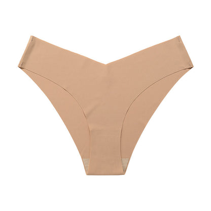 Seamless Ice Silk Underwear For Women With V-shaped Waistband. One-piece Pure Cotton Crotch Breathable Women's Briefs.