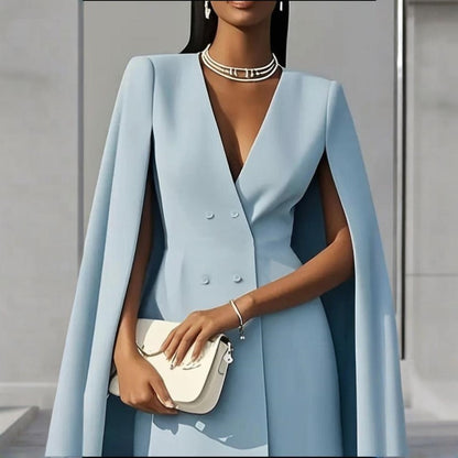 Women's Elegant Solid Color V Neck Double-Breasted Cape Blazer Dress Spring & Summer Party Outfit