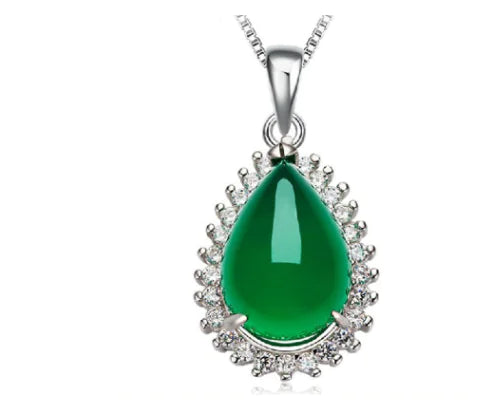 Green Agate Silver Pendant, Vintage 925 Necklace