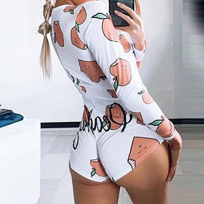 Printed Long-sleeved Pajamas Deep V Nightclub Tight Sexy Jumpsuit
