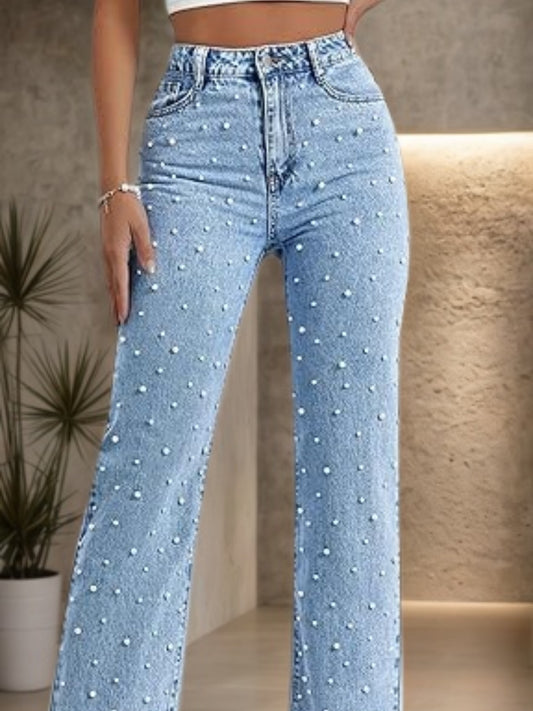 Women's Straight Leg Denim Pants, With Sturdy Nail Bead Decoration That Is Not Easy To Fall Off, Stylish And Elegant Style