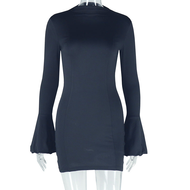 Skinny Short Dress Round Neck Long Sleeve