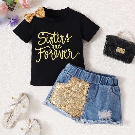 Girls Bow Short Sleeve Letter Jacket Phnom Penh Sequins Ripped Denim Shorts Suit