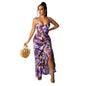 Sexy Sling Dress Irregular Printed Long Skirt