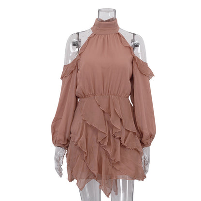 Elegant Chiffon Halterneck Off-shoulder Long-sleeve High-waisted A-line Dress