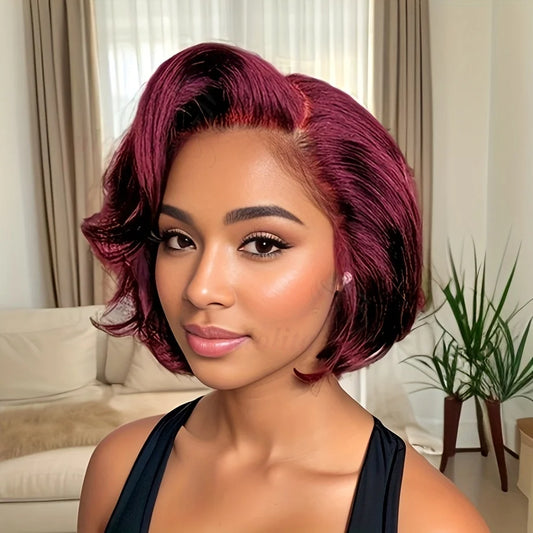 13x4 Short Bob Wig 100% Human Hair Wig Pixie Cut Colored 99J straight Lace Frontal Human Hair Wigs for Women 180% Density