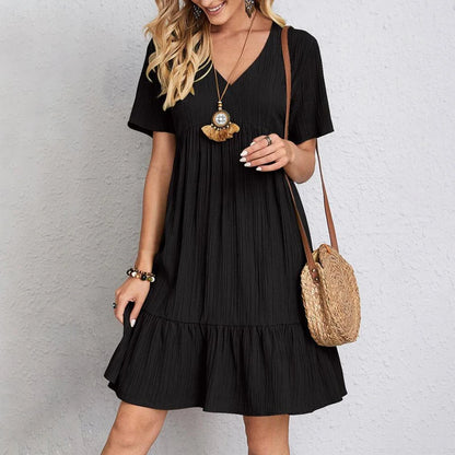 Women Summer Solid Dress Casual Bohemian V Neck Short Sleeve Ruffles Loose  Dress Elegant Beach Party