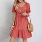 Women Summer Solid Dress Casual Bohemian V Neck Short Sleeve Ruffles Loose  Dress Elegant Beach Party