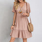 Women Summer Solid Dress Casual Bohemian V Neck Short Sleeve Ruffles Loose  Dress Elegant Beach Party